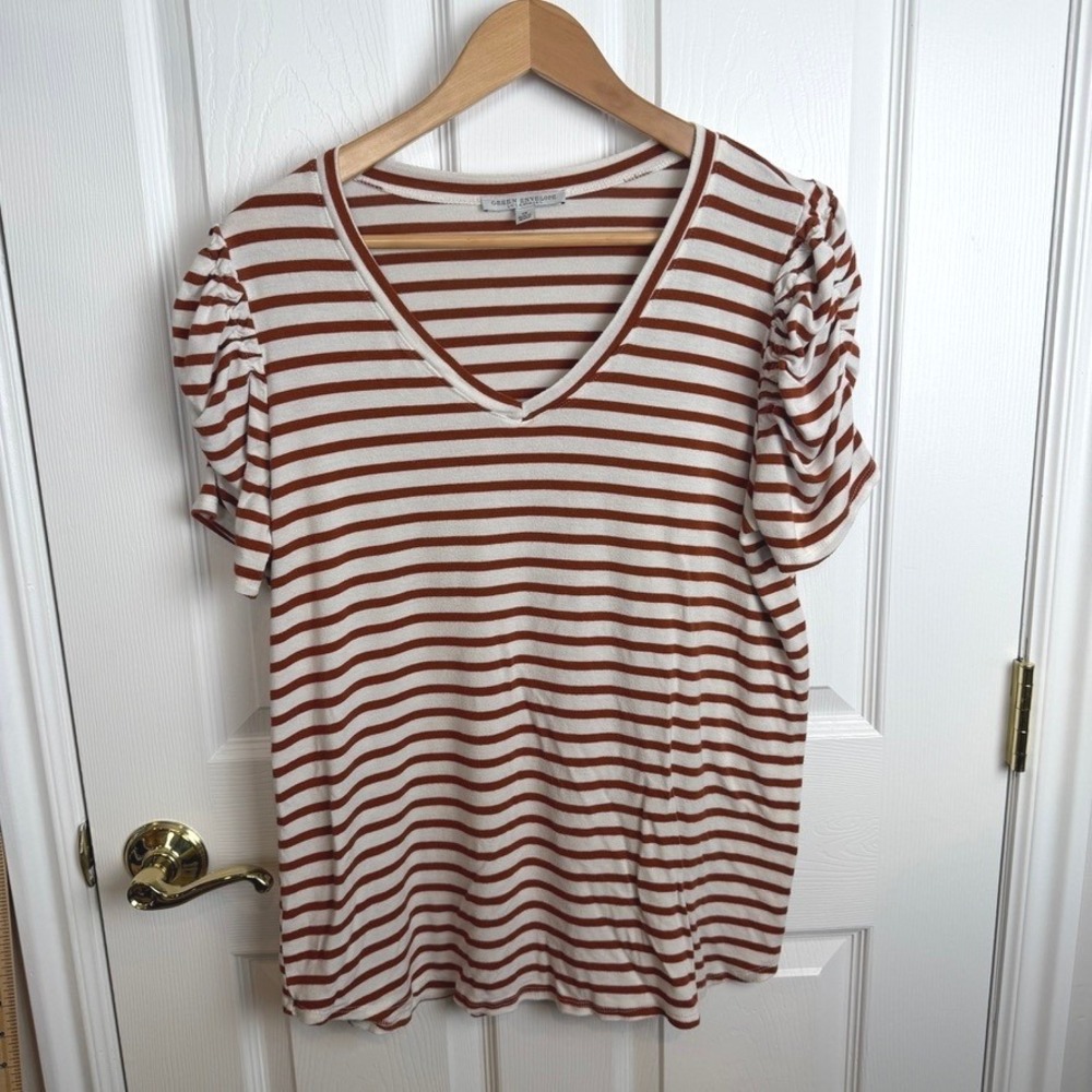 Green Envelope Los Angeles Striped‎ V Neck Puff Sleeve Top Plus Size 1X